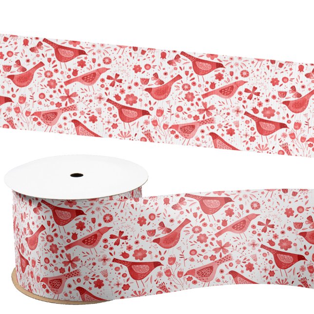 Ruban En Satin Aquarelle d'oiseaux Fêtes de Noël rouges (Red and white watercolor bird pattern festive satin ribbon)