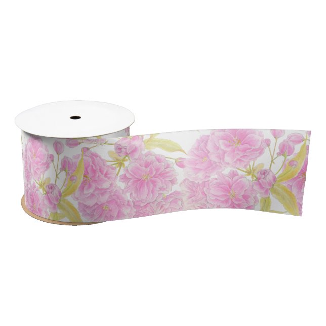 Ruban En Satin Aquarelle en fleurs de printemps rose, ruban blanc (Bobine)