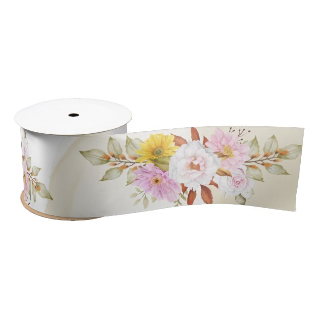 Ruban En Satin Aquarelle Feuilles floraux (Bobine)