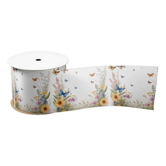 Ruban En Satin Aquarelle Fleur sauvage Gris Et Papillons, (Bobine)