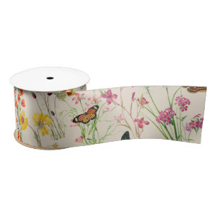 Ruban En Satin Aquarelle Fleurs sauvages & papillons Jardin Flora