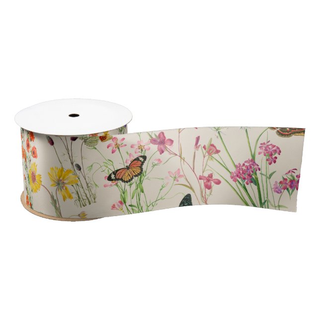 Ruban En Satin Aquarelle Fleurs sauvages & papillons Jardin Flora (Bobine)