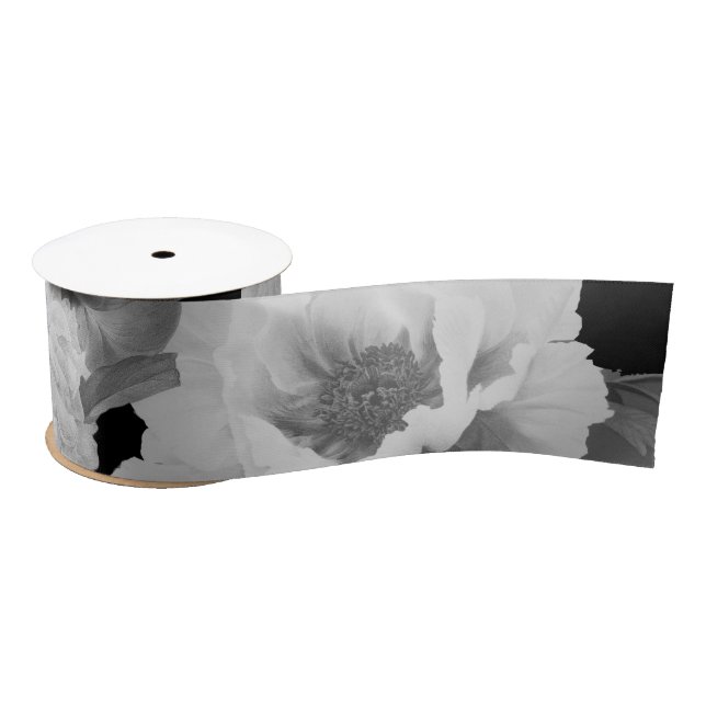 Ruban En Satin Aquarelle florale Black & White Peonies (Bobine)