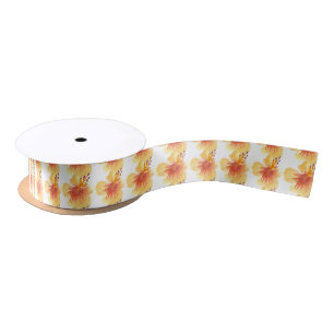 Ruban En Satin Aquarelle Hibiscus Jaune Orange Floral Tropical