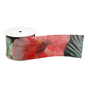 Ruban En Satin Aquarelle Hibiscus rouge et rose Feuilles tropicau