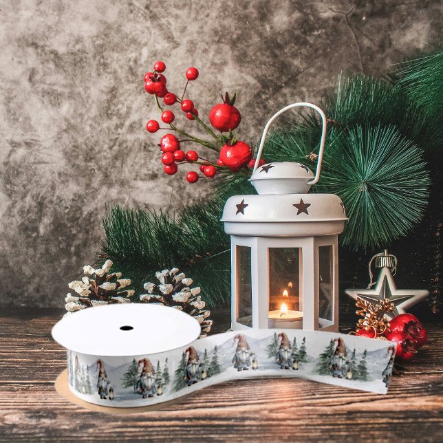 Ruban En Satin Aquarelle hiver Gnome de Noël (Watercolor Winter Christmas Gnome Satin Ribbon)