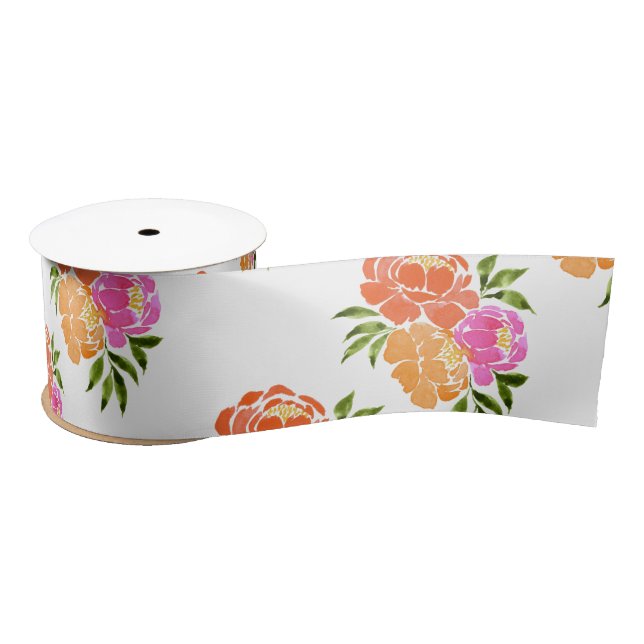 Ruban En Satin Aquarelle Hot rose Orange Floral botanique (Bobine)