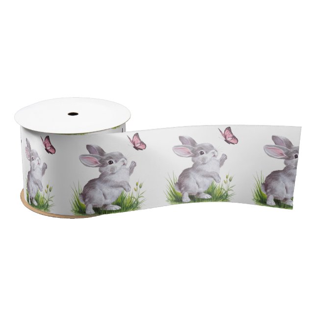 Ruban En Satin Aquarelle lapin et papillon rose (Bobine)