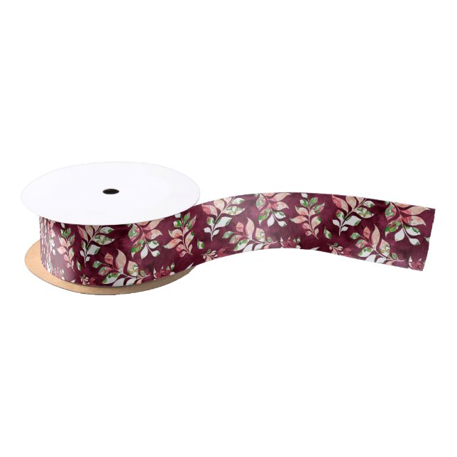 Ruban En Satin Aquarelle marsala motif floral ruban (Bobine)