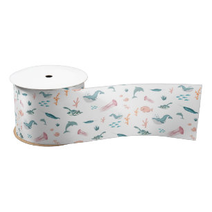 Ruban En Satin Aquarelle Océan Motif d'animaux marins