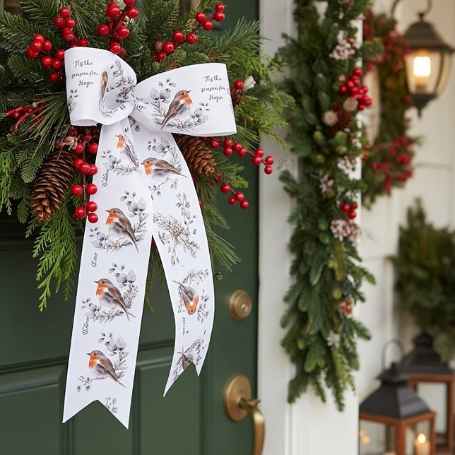 Ruban En Satin Aquarelle oiseau et neige vacances personnalisées (Créateur téléchargé)