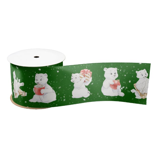 Ruban En Satin Aquarelle Ours Polaires Dans Les Snowflakes (Bobine)