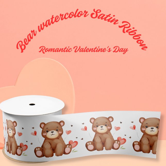 Ruban En Satin Aquarelle Ours Saint Valentin (Romantic Valentine's Day Bear watercolor Satin Ribbon)