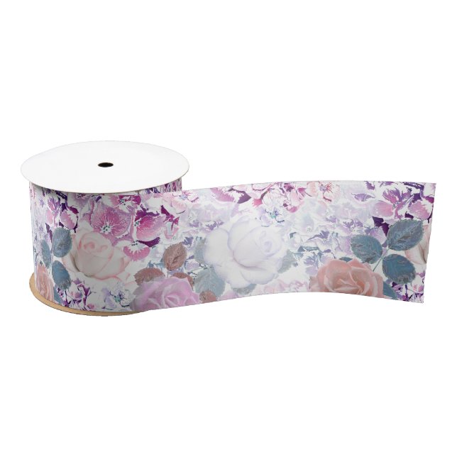 Ruban En Satin Aquarelle rose et hydrangée.  (Bobine)