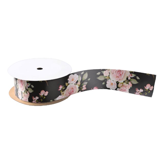 Ruban En Satin Aquarelle Rose Fleurs Motif Floral (Bobine)