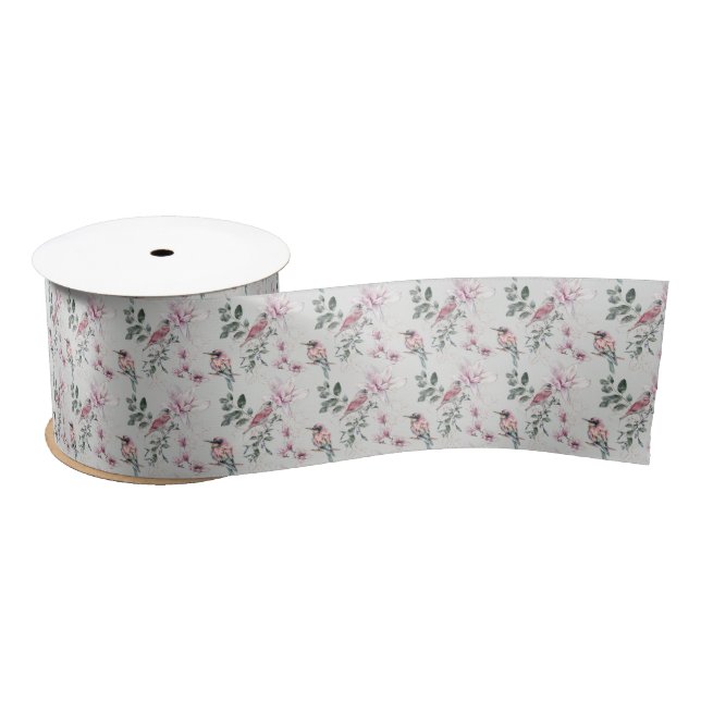 Ruban En Satin Aquarelle rose nuptiale Fleurs et oiseaux (Bobine)