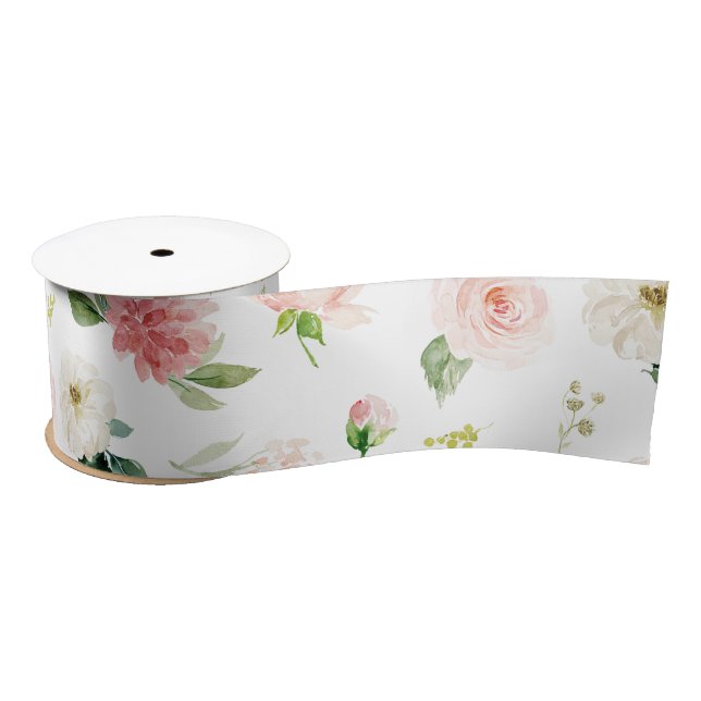 Ruban En Satin Aquarelle rose pâle Motif Floral (Bobine)