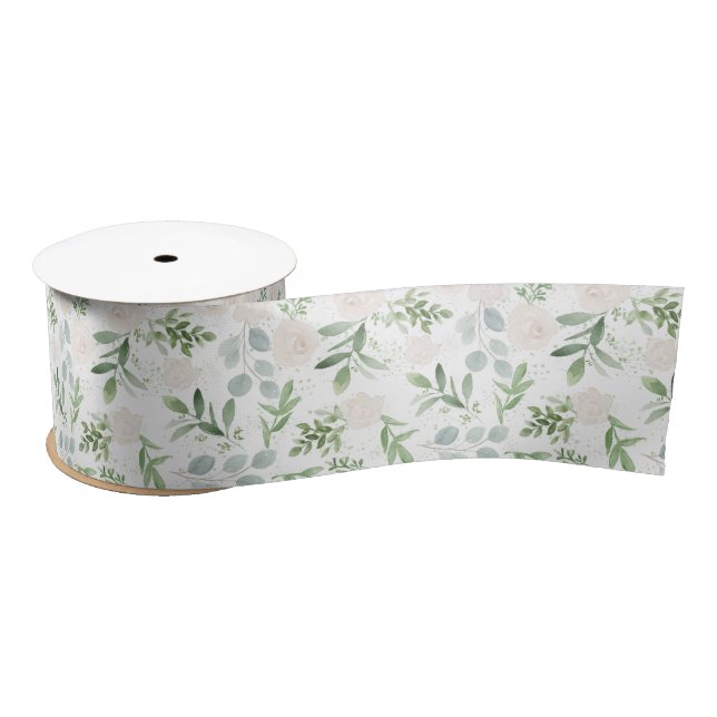 Ruban En Satin Aquarelle simple Motif vert & Fleurs blanches (Bobine)