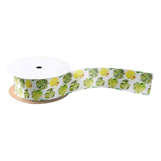 Ruban En Satin Aquarelle Tropical Feuille mariage monogramme (Bobine)