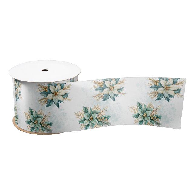 Ruban En Satin Aquarelle Turquoise Floral Noël Satin ruban (Bobine)