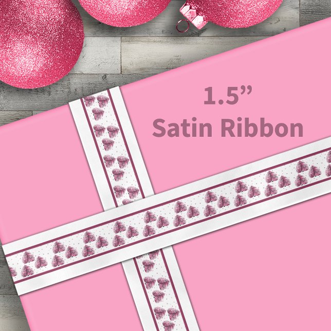 Ruban En Satin Arbre de Noël blanc Art nouveau rose (Pink Art Nouveau Whimsical Christmas Tree Satin Ribbon)