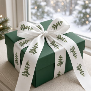 Ruban En Satin Arbres de Noël en aquarelle verts et blancs