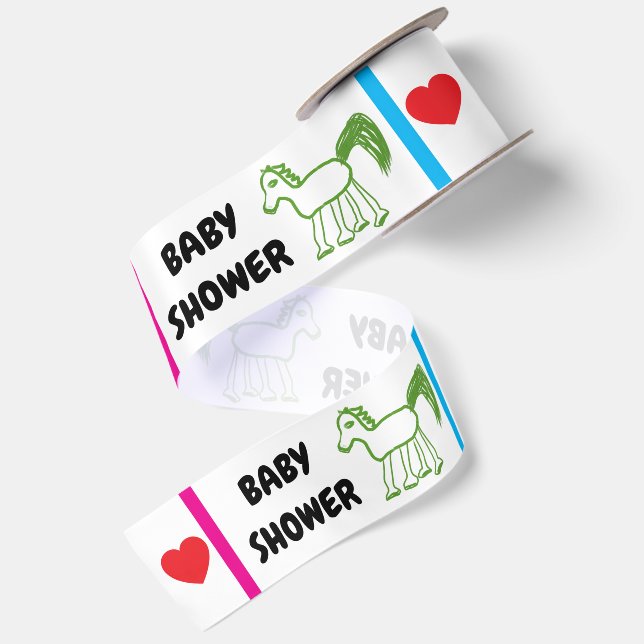 Ruban En Satin Baby Shower Cheval Vert Rose Bleu 3" (Dos)
