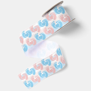 Ruban En Satin Baby-Shower empreintes pieds bleu rose rayé 