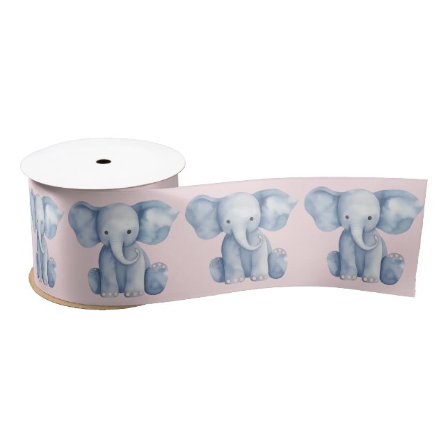 Ruban En Satin Baby shower mignon aquarelle bleu éléphant (Bobine)
