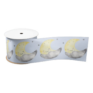 Ruban En Satin Baby shower, mignonne lune de sommeil aquarelle