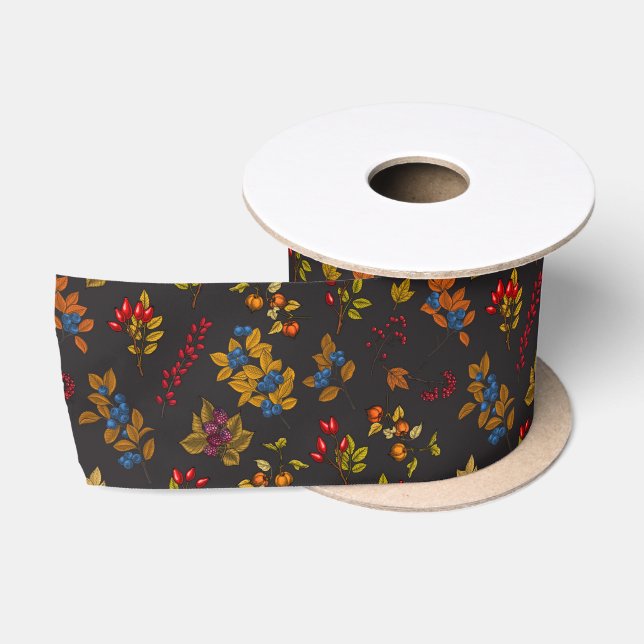 Ruban En Satin Baies d'automne sur chocolat brun 2 (Bobine)