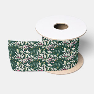 Ruban En Satin Baies de houx roses et feuillage sur fond vert fon