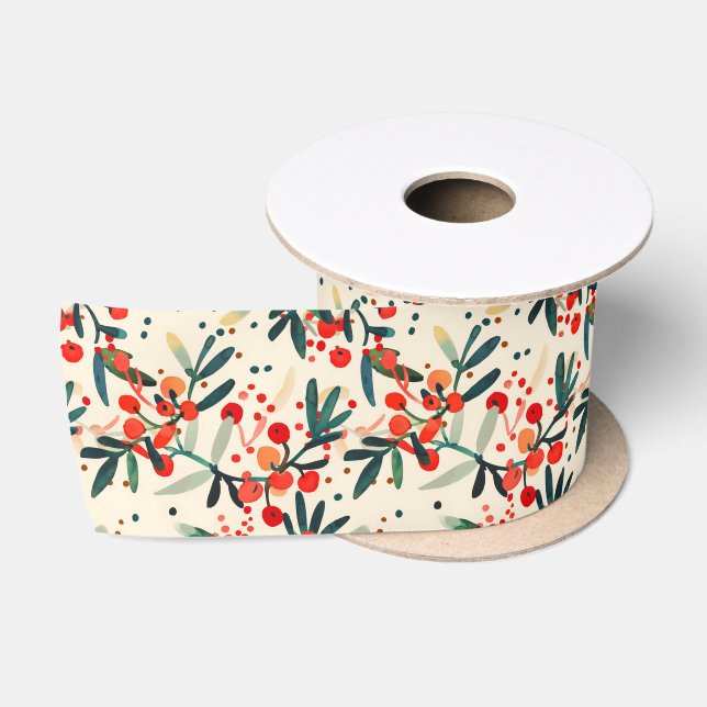 Ruban En Satin Baies de houx rouges modernes de Noël (Bobine)