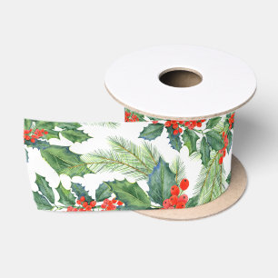 Ruban En Satin Baies Rouges Houx Vert Floral Noël Fêtes