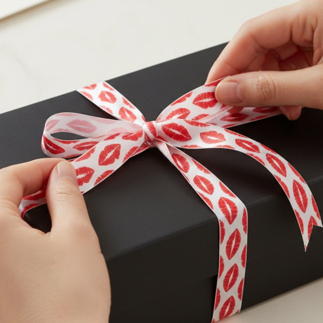 Ruban En Satin Baiser rouge Motif Valentine's Satin Ribbon (Lovely lipstick kisses ribbon just for you. Check out the collection for coordinating wrapping paper)