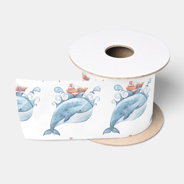 Ruban En Satin Baleine bleue aquarelle (Bobine)