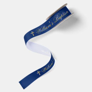 Ruban En Satin Baptême de garçon bleu royal or croix et calligrap