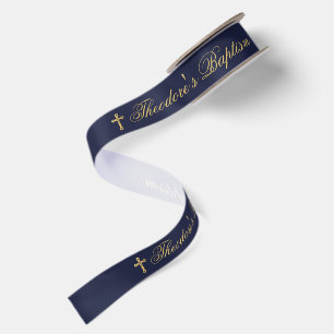 Ruban En Satin Baptême Garçon Bleu Marine Croix Dorée Fausse Call