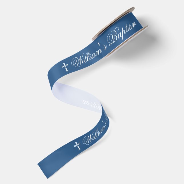 Ruban En Satin Baptême Garçon Classique Bleu Blanc Croix & Callig (Dos)