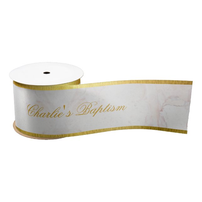 Ruban En Satin Baptême Marbre Blanc Or Faux Calligraphie Élégante (Bobine)