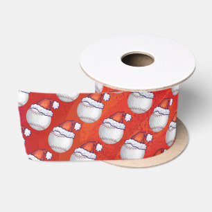 Ruban En Satin Baseball avec Santa Hat sur Rouge