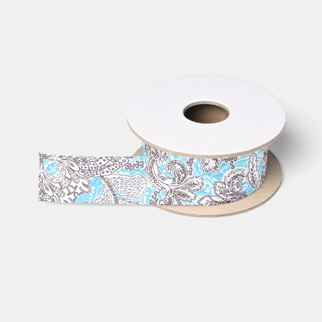 Ruban En Satin Beau bleu gris classique floral (Bobine)