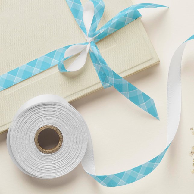 Ruban En Satin Bébé Bleu Plaid Satin ruban - Baby shower & cadeau (blue and white plaid ribbon, gift wrapping ribbon)