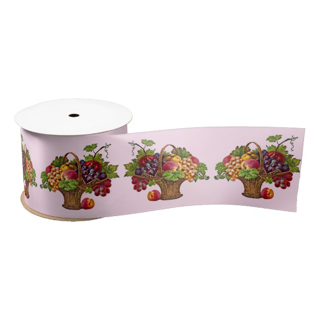 Ruban En Satin belle impression de panier de fruits victoriens (Bobine)