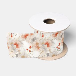 Ruban En Satin Belle Pêche Rouge Blanc Floral
