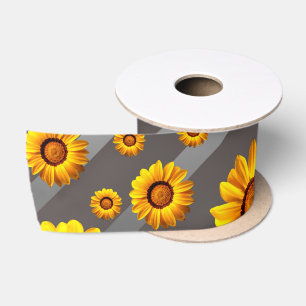 Ruban En Satin Belles fleurs jaunes sur gris, rayures argentées