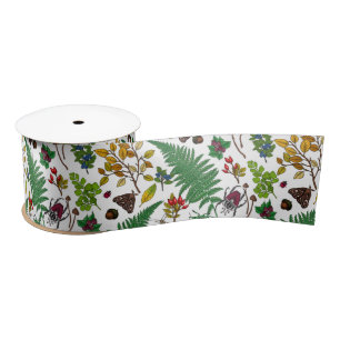Ruban En Satin Berries forestières, feuilles et buissons sur blan