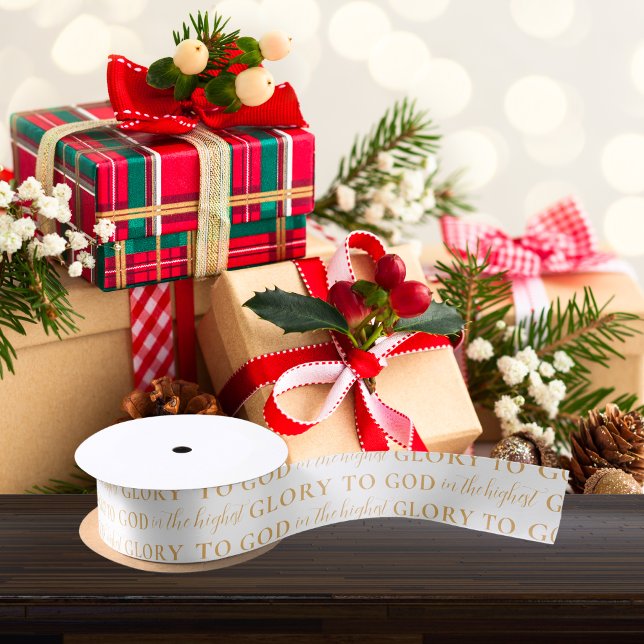Ruban En Satin Bible d'or moderne Verse Noël religieux (Modern, gold and white, Glory to God Bible verse, religious Christmas gift wrap ribbon)