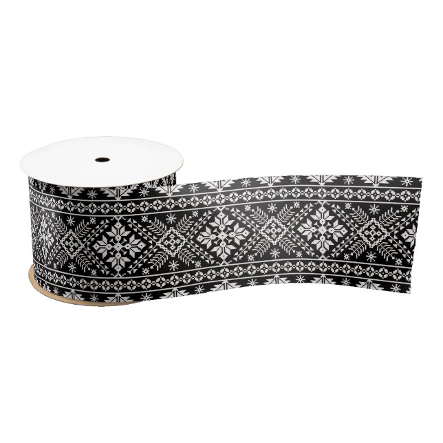 Ruban En Satin Black and White Christmas Fair Isle Motif (Bobine)