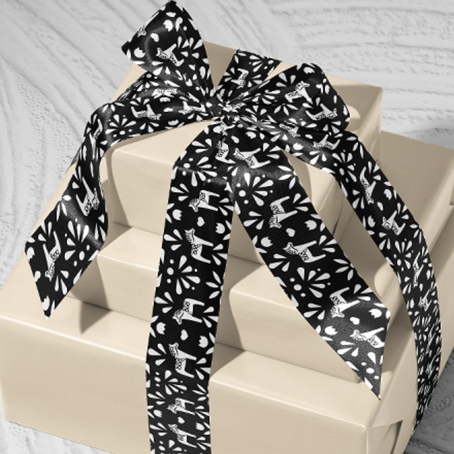 Ruban En Satin Black White Swedish Dala Horse cadeau de vacances (Scandinavian Swedish black and white Dala horse patterned ribbon)